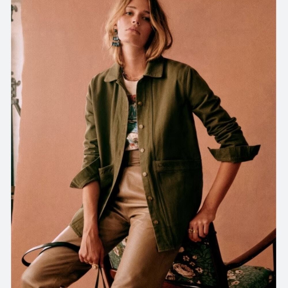 Sezane Denim Will Jacket In Khaki Green Small - Picture 4 of 9
